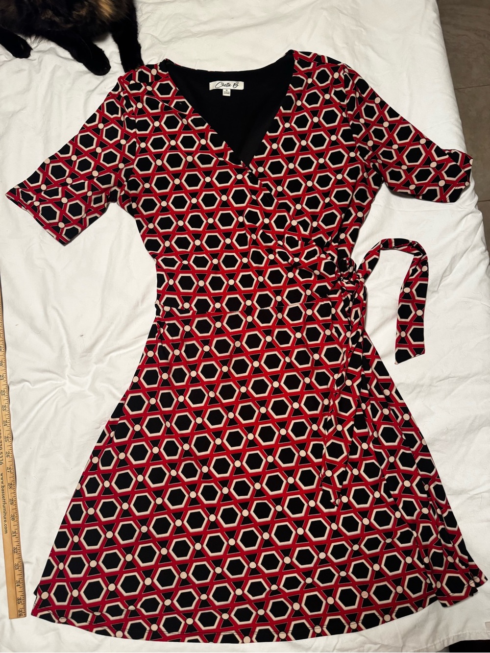 Chetta B Red, Black and Cream Geometric Wrap Midi Dress